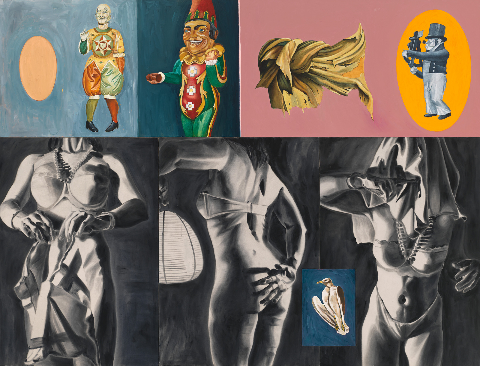 A collage of various painted panels featuring stylized figures and objects. The top row shows three panels: the left with an abstract peach-colored oval, the middle with a colorful figure in a jester costume, and the right with a figure in a blue uniform holding a telescope within a yellow oval. The bottom row depicts grayscale images of human figures in different poses, with a small blue panel showing a painting of a bird in the center. The artwork combines elements of surrealism and figuration.