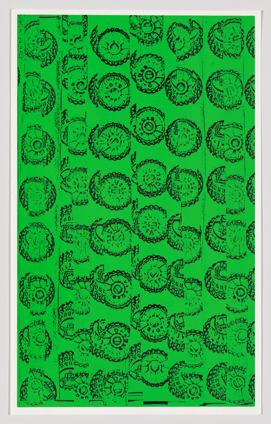 A vibrant green background featuring a repetitive pattern of black inkblot-like illustrations that resemble abstract or whimsical creatures, framed with a white border.