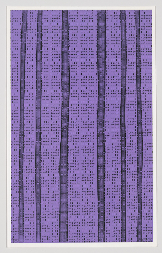 A close-up view of a purple punch card with rows of holes and printed numbers, suggesting a data storage method from early computing history.