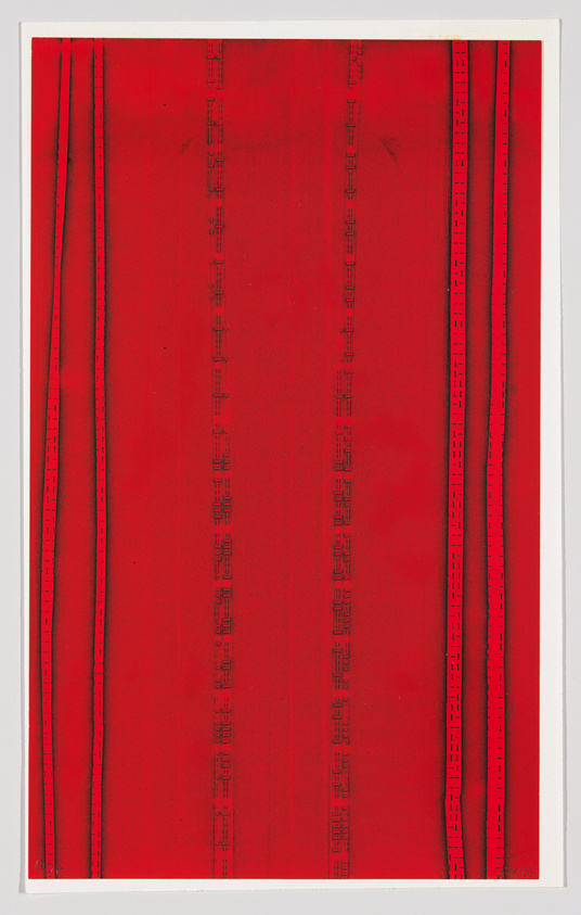 A vibrant red abstract artwork featuring vertical black lines with dashed details, resembling film strips or measuring tapes, against a textured red background. The piece is bordered by a white margin.