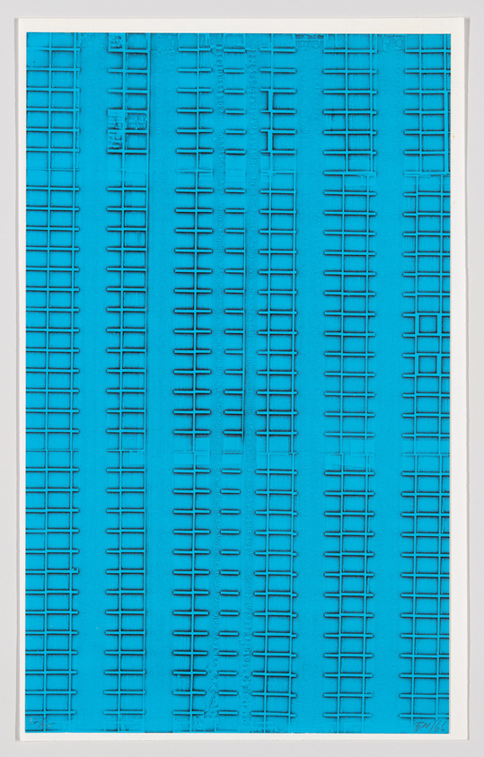 A vibrant turquoise blue artwork featuring a repetitive pattern of vertical and horizontal lines creating a grid-like structure, reminiscent of architectural elements or abstract geometric design, framed in white.