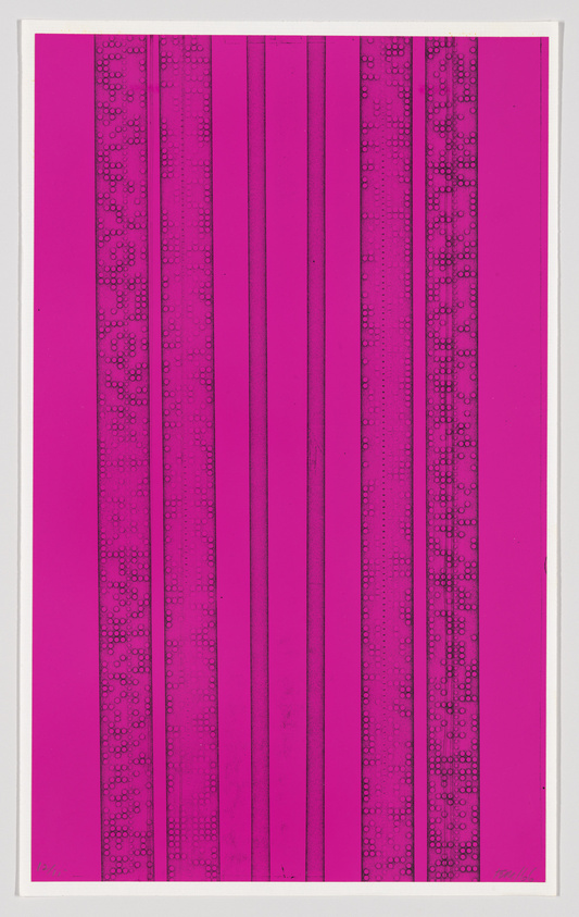 A vibrant pink vertical striped artwork with varying shades and textures, including some bubble-like patterns on certain stripes. The piece is signed at the bottom right corner.