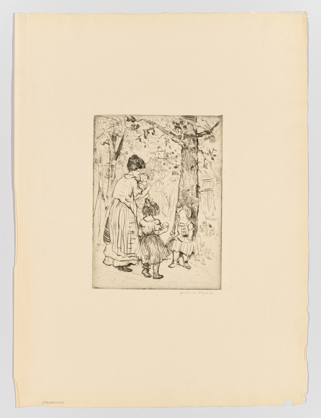 An etching depicting a scene with a woman and two children in a garden-like setting. The woman appears to be in conversation with a young girl, while another child swings from a tree swing in the background. The artwork is detailed, with trees, plants, and a birdhouse adding to the idyllic atmosphere. The image is centered on a larger sheet of paper with the word "SPRINGTIME" printed at the bottom left corner and the artist's signature at the bottom right.