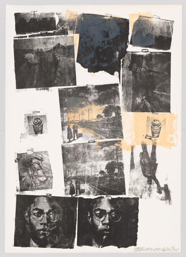 A collage of various black and white images with one featuring a yellow overlay. The images include urban scenes with telephone poles, a close-up of a fire hydrant with a figure, people standing by train tracks, and detailed portraits of individuals with expressive eyes. The artwork has a gritty, textured appearance, and there's a signature at the bottom right corner.