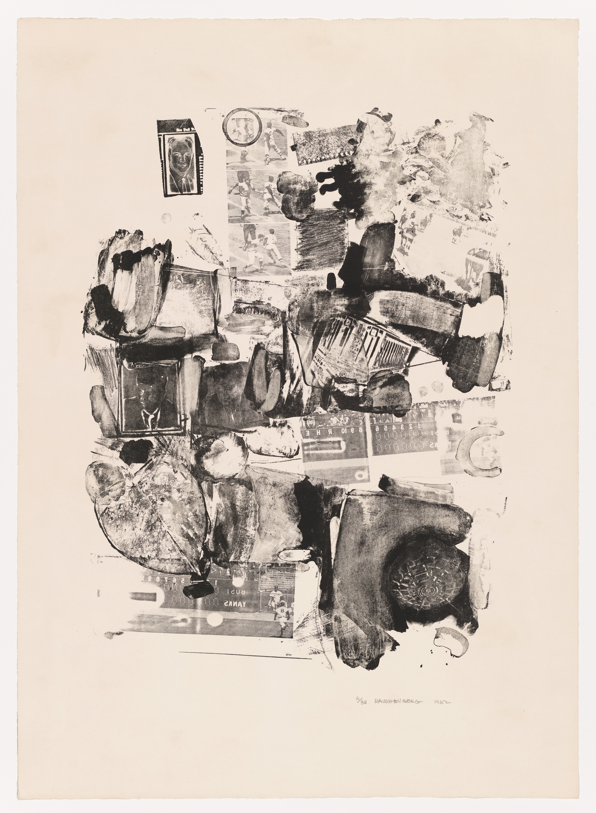 A monochromatic abstract print featuring a collage of various elements including photographs, text, and expressive brushstrokes. The composition is layered with a mix of clear and obscured imagery, creating a textured and dynamic visual effect. The bottom of the artwork is signed and dated.