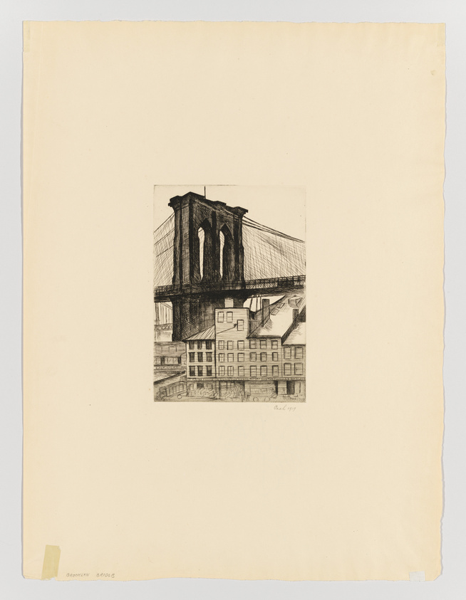 Etching of the Brooklyn Bridge with detailed architectural features and surrounding buildings, centered on a piece of beige paper with artist's signature at the bottom right.