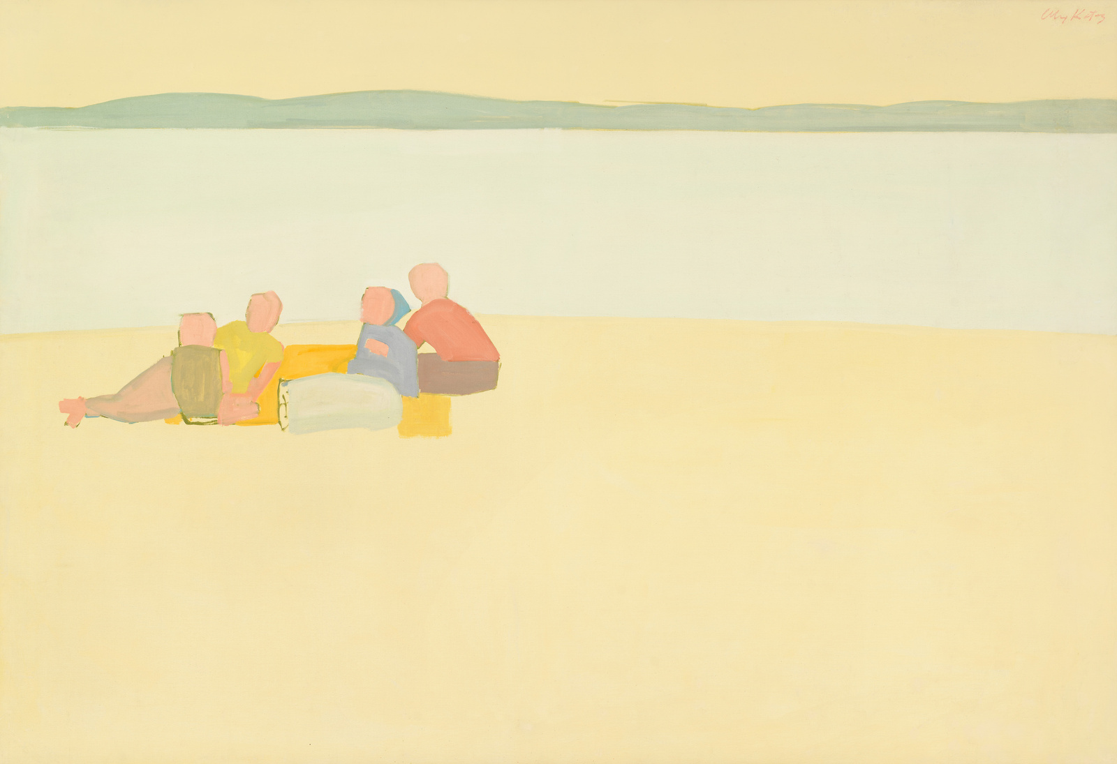 A minimalist painting depicting four abstract figures sitting on a beach, with a vast expanse of yellow sand in the foreground, a strip of blue water in the middle, and a sliver of green land on the horizon under a pale sky. The figures are rendered in simple blocks of color with little detail, and the artist's signature is in the upper right corner.