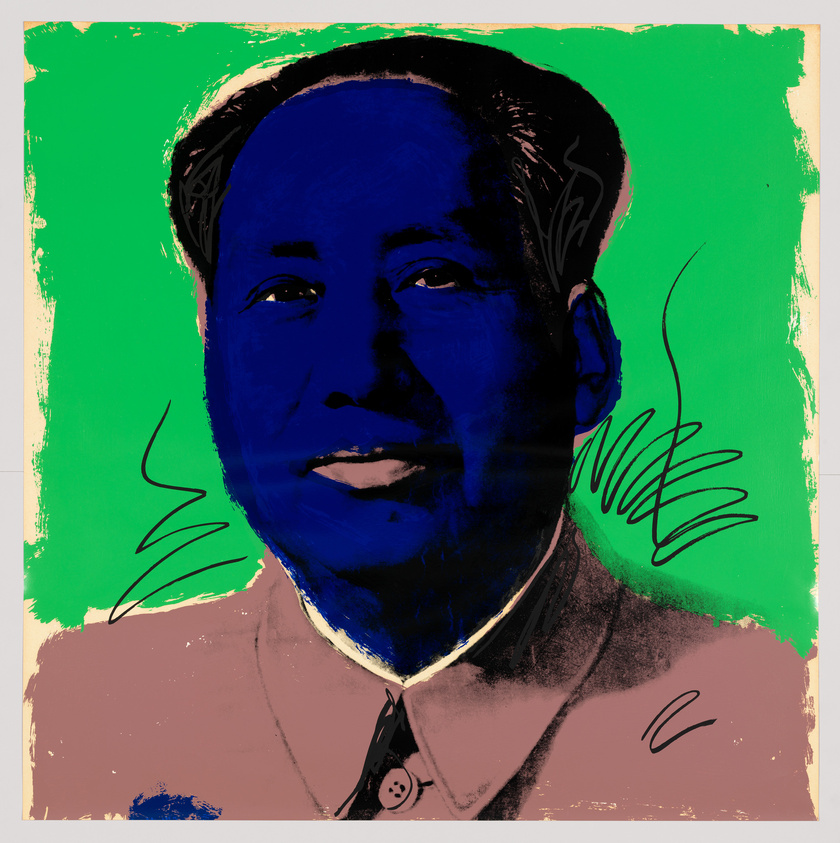 A stylized portrait of a man with a broad smile, featuring bold blue and black colors against a vibrant green and tan background, with expressive black lines and scribbles surrounding the figure.