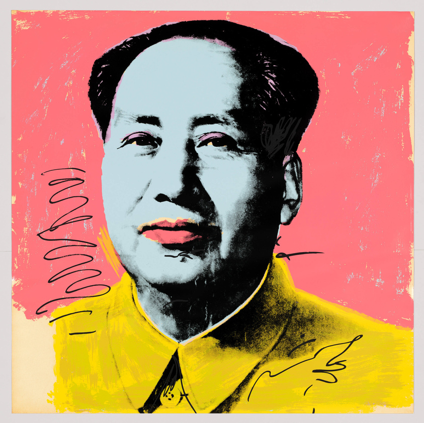 A stylized portrait of a historical male figure with a background of bright pink and yellow. The subject is depicted with a neutral expression, wearing a dark Mao suit, and the image has a pop art aesthetic with bold, simplified colors and brushstroke effects.
