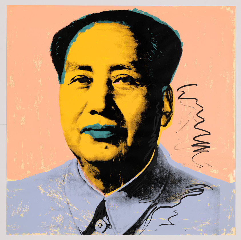 A stylized portrait of a man with a round face, wearing a dark suit and tie, set against a pink and yellow background. The image features bold, contrasting colors with a pop art aesthetic, reminiscent of the works of Andy Warhol.