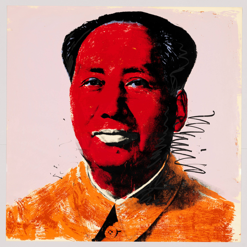 A stylized portrait of a man with a prominent red and orange color palette, featuring a solid-colored background with brushstroke textures. The man is depicted with a slight smile and is wearing a collared shirt and jacket. The artwork has a signature in the bottom right corner.