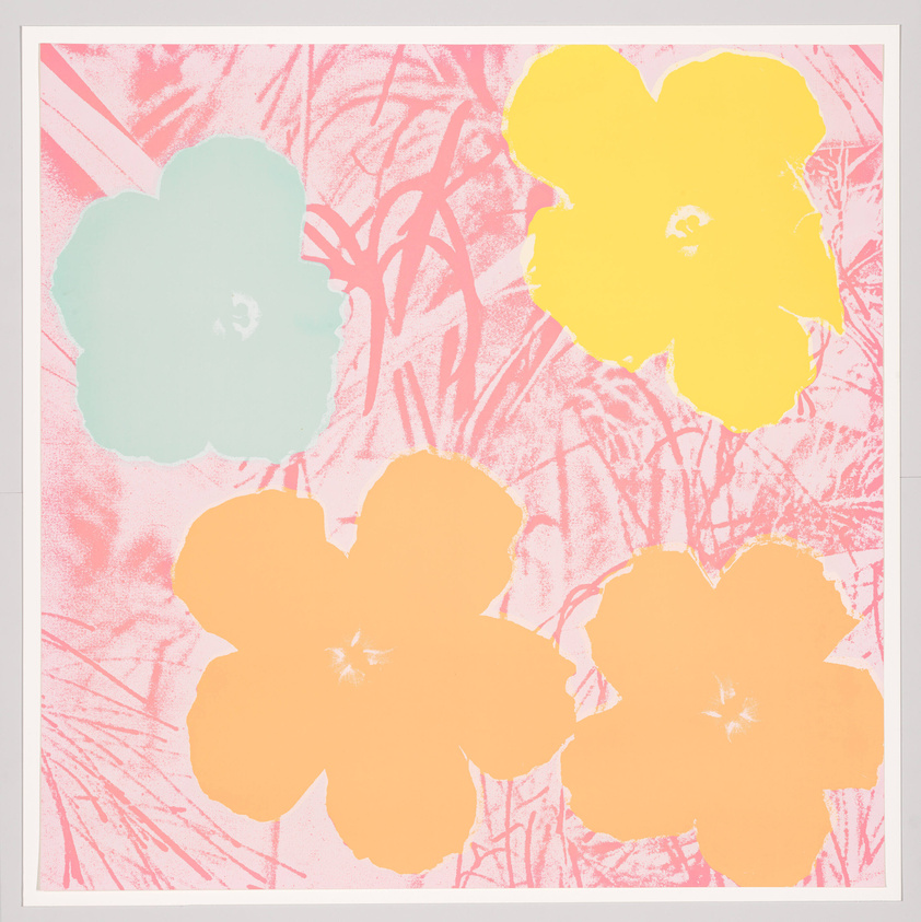 A colorful abstract artwork featuring stylized flowers in pastel shades of yellow, orange, and mint green overlaid on a pink background with a textured pattern resembling plant stems and leaves.