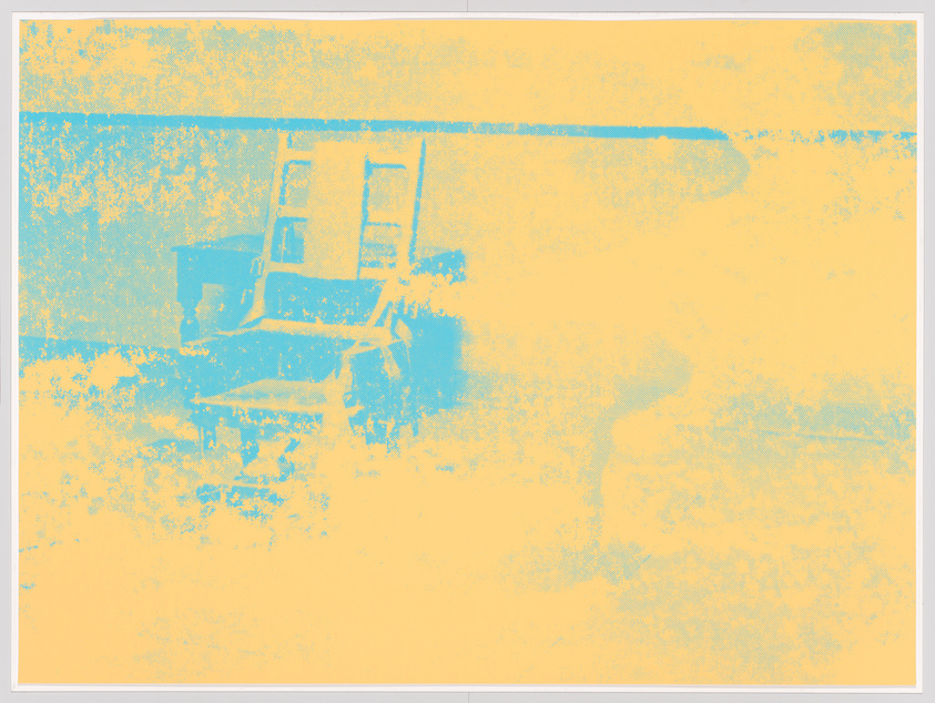 High-contrast yellow and blue silhouette of a chair against a textured background.