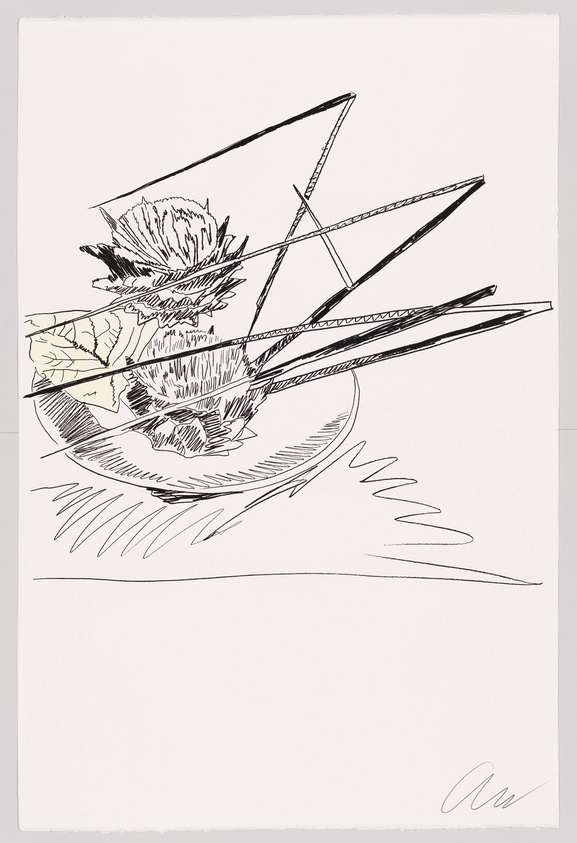 A black and white line drawing featuring an abstract composition with dynamic, intersecting lines and shapes that suggest movement, with a signature at the bottom right corner.
