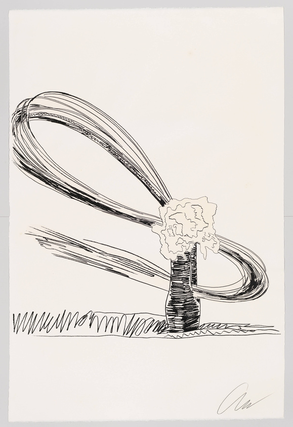 A black and white sketch of a stylized industrial smokestack emitting a cloud of smoke that loops back towards the ground, creating an abstract ribbon-like effect against a blank background. The ground is represented by a simple wavy line, and the artist's signature is visible in the lower right corner.