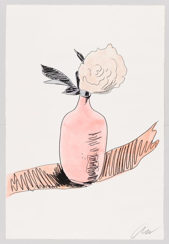 Illustration of a whimsical pink vase with a large, fluffy white flower blooming from its narrow opening, tied with a black and white striped ribbon, all resting on a wavy ribbon-like surface with a peach and black color scheme. The artwork has a playful and minimalist style, with visible brush strokes and ink lines, and is signed by the artist in the lower right corner.
