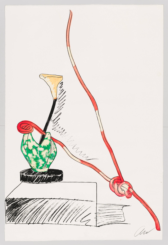 A colorful abstract drawing featuring a green and black patterned vase-like object on a pedestal, with a red and black elongated form looping through it. The background is plain white, and there's a signature in red at the bottom right corner.