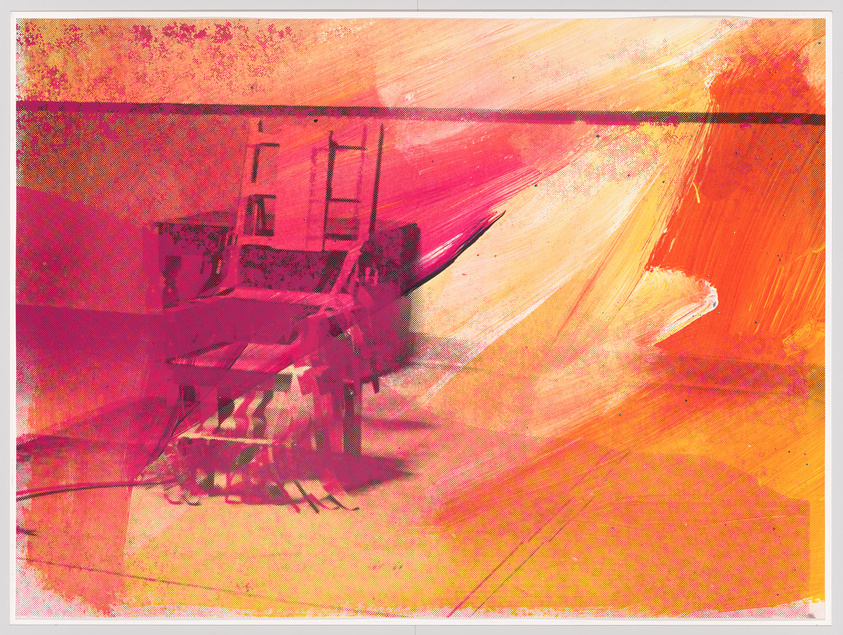 Abstract artwork with vibrant red and orange hues, featuring shadowy chair and ladder forms.