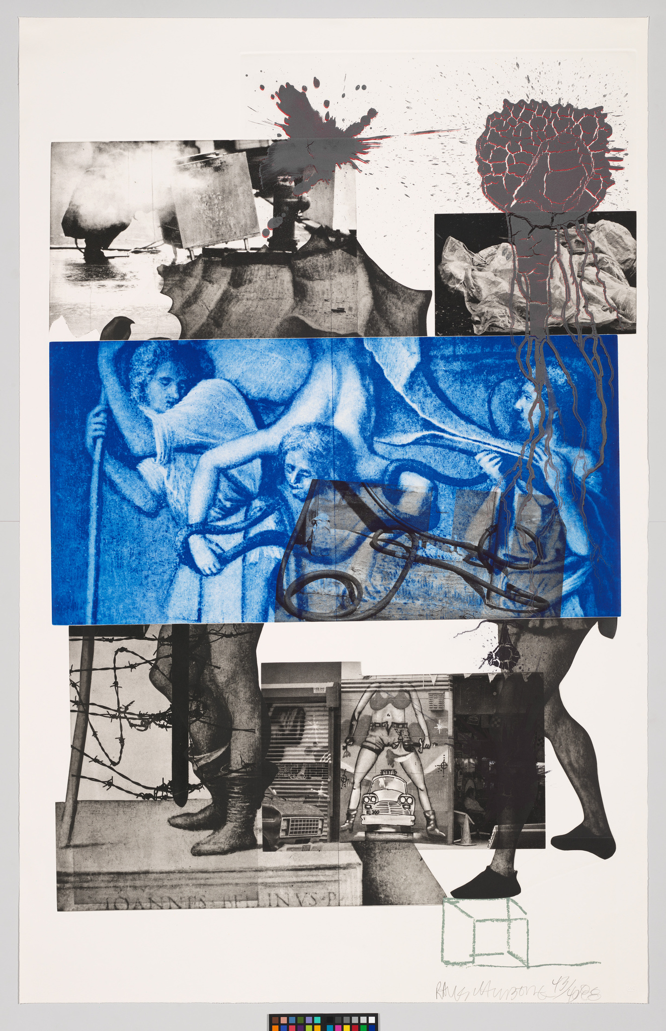 This image is a collage of various elements including a blue-toned classical sculpture of figures, black and white photographs of industrial smokestacks, a red outlined flower-like shape, and a black and white image of a statue's lower half standing on a pedestal. There are also abstract splashes of red paint, a transparent overlay of tangled lines, and a photograph of a storefront with a mannequin. The artwork is signed at the bottom right corner and includes a color calibration chart at the bottom center.