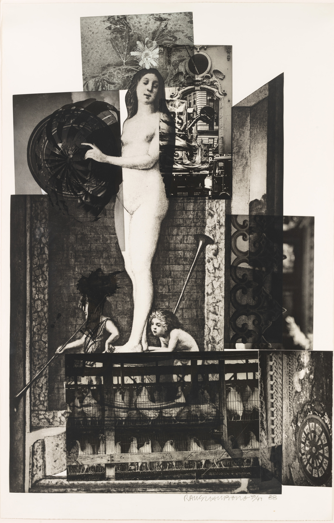 A black and white collage featuring a central figure of a classical statue of a woman, surrounded by various images including mechanical parts, a flower, a figure with a scythe, and birds in cages. The composition is layered with different textures and forms, creating a surreal juxtaposition of elements from art, nature, and technology.