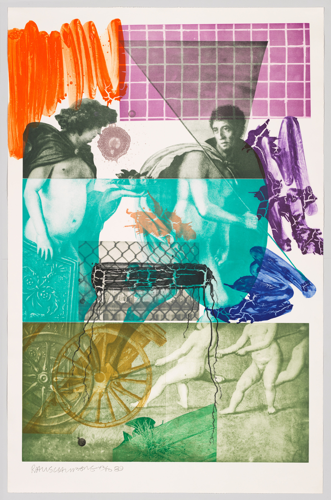 This is a colorful collage featuring a mix of classical and abstract elements. The top portion has a thick, orange brushstroke over a purple grid background with a classical sculpture and a portrait of a young man. The middle section shows a turquoise overlay with a basketball hoop and a shadowy figure, while the bottom part includes a green-toned classical scene with a chariot wheel and two figures running. The image has a signature and date at the bottom left corner.