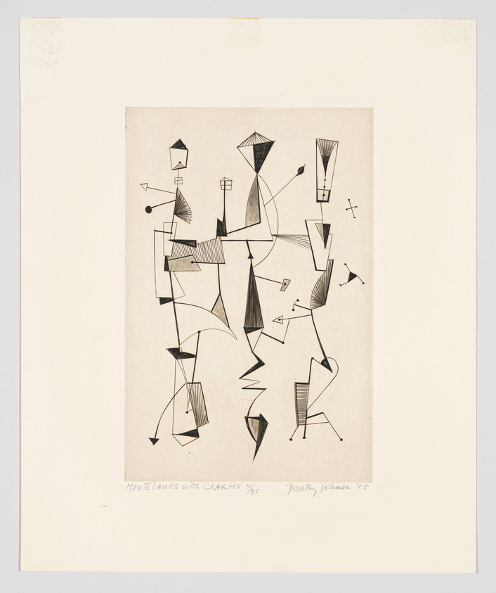 A black and white abstract print featuring a composition of geometric shapes and lines that suggest a dynamic, almost musical rhythm. Some shapes resemble characters or figures interacting with each other. The artwork is signed and titled at the bottom, indicating it is a limited edition.
