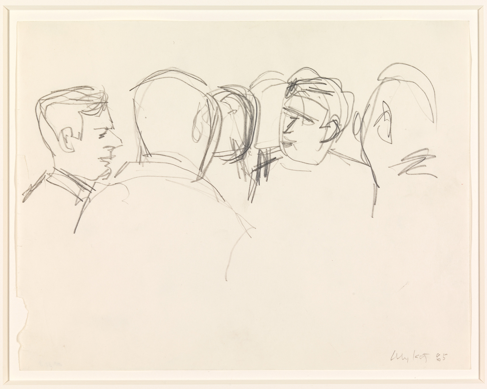 A sketch on paper featuring a group of five loosely drawn figures with minimal detail, suggesting a conversation or gathering. The figures appear to be in profile or three-quarter view, with simple lines indicating their facial features and hair. The artist's signature and the year '85 are visible in the lower right corner.