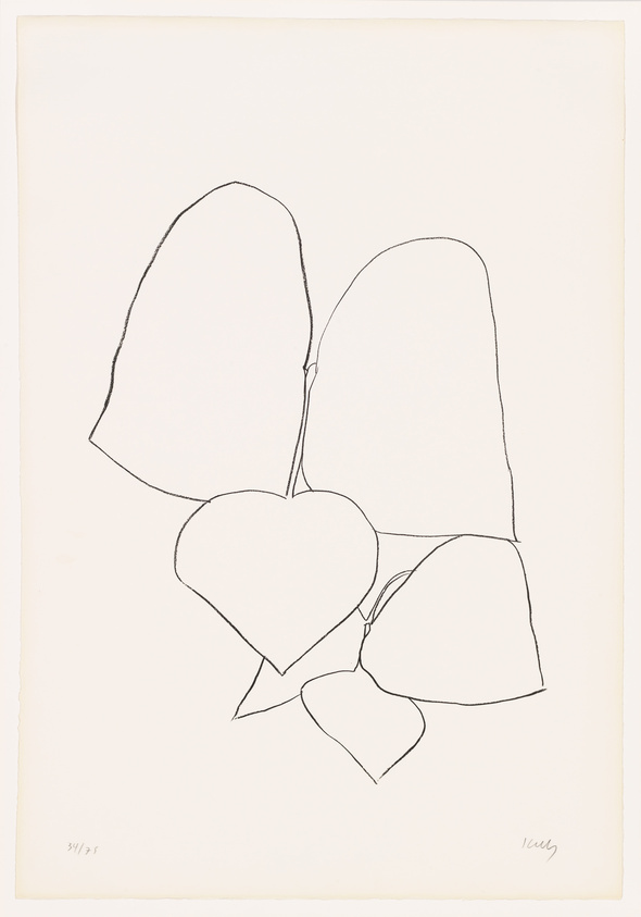 A minimalist line drawing featuring a composition of several heart-shaped leaves or petals, with the central one prominently displayed and the others surrounding it, on a plain background. The artwork is numbered and signed by the artist.