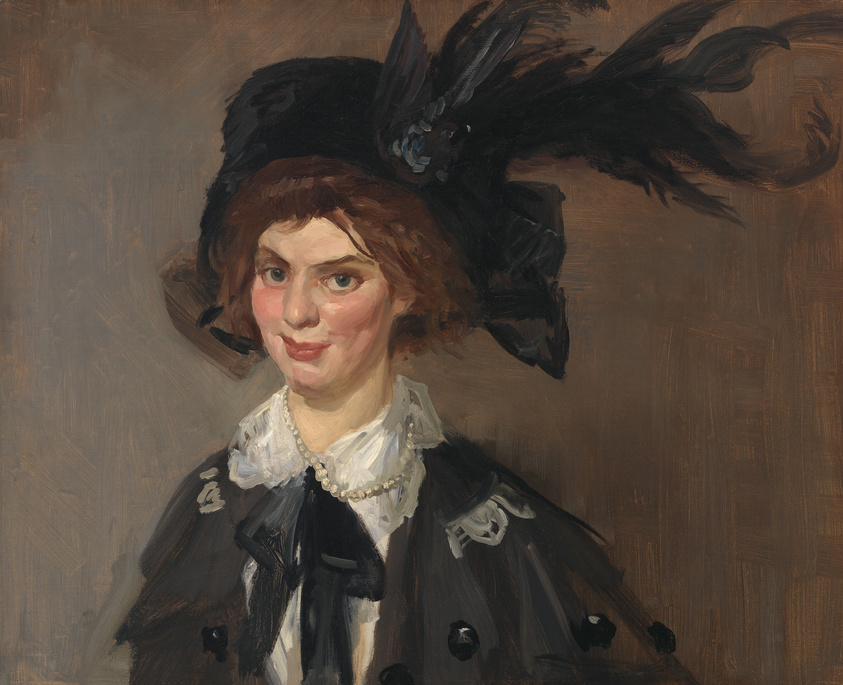Portrait of a smiling woman with a large feathered hat, painted in an impressionist style.