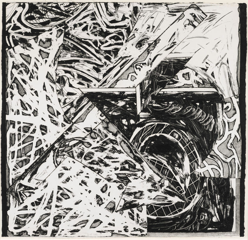 Black and white abstract print with dynamic lines and contrasting patterns.