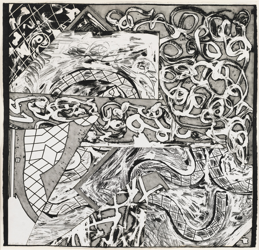 Abstract black and white etching with chaotic patterns and shapes resembling organic and geometric forms.