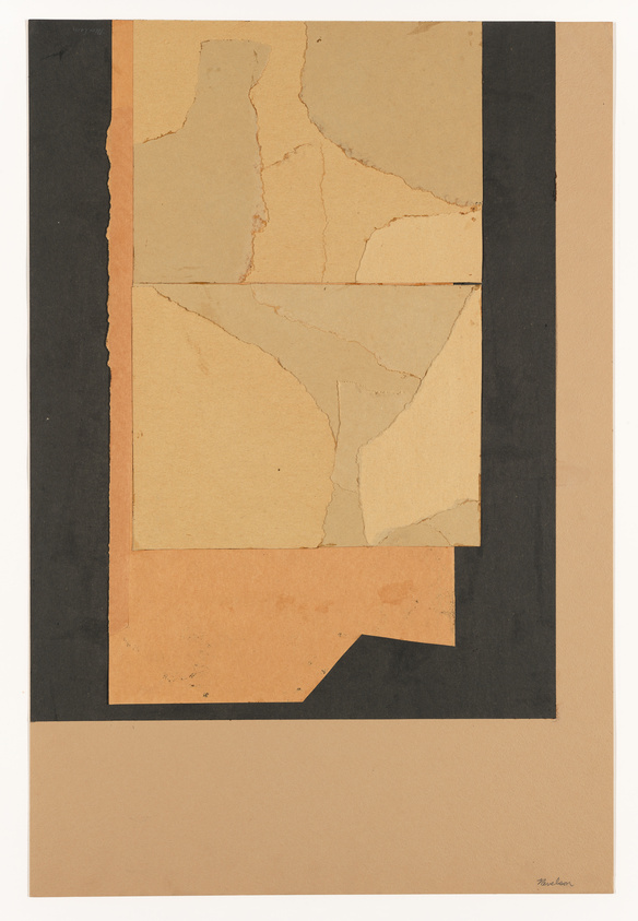 A modern abstract collage featuring geometric shapes in black, tan, and beige, with visible cracks and textures on the tan paper elements, all set against a beige background. There is a signature at the bottom right corner.