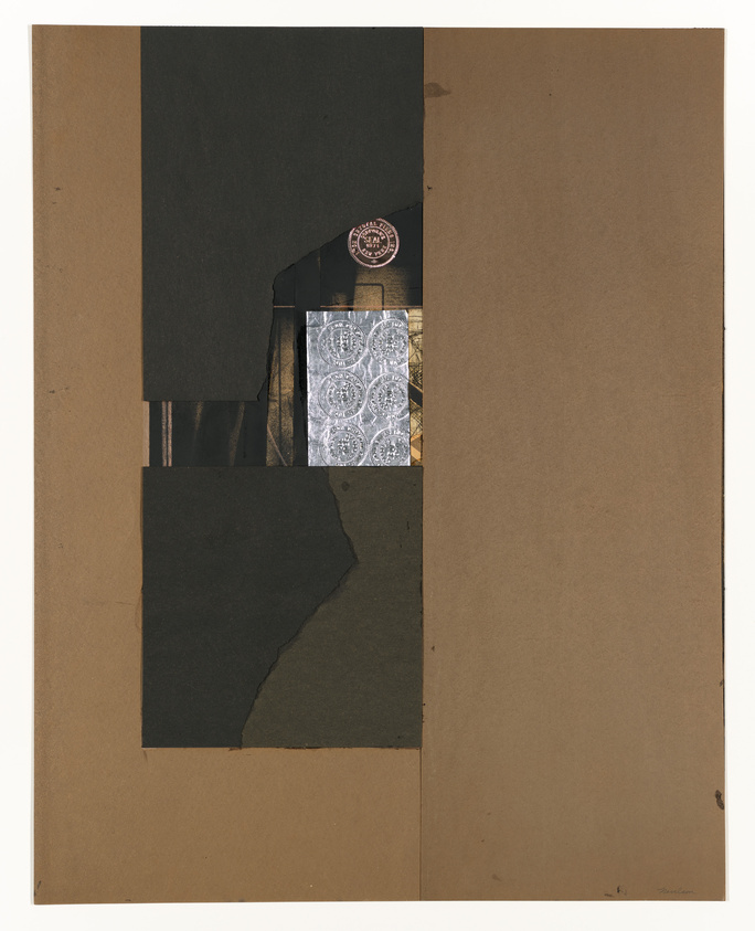 A collage featuring various paper elements in black and brown tones with a small circular seal at the top left and a patterned section visible through a tear in the black paper. The composition is asymmetric, with more visual elements on the left side, and it is set against a plain brown background.