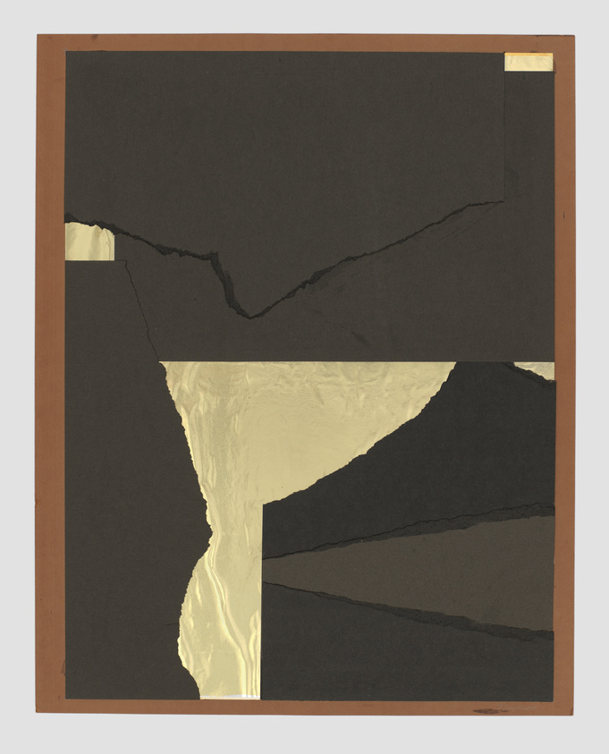 An abstract collage with torn pieces of black and cream paper on a brown background, featuring textured surfaces and sharp, jagged edges.
