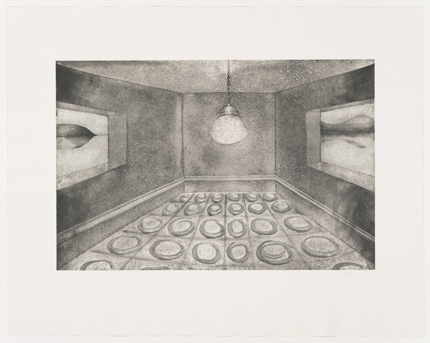 A black and white etching of a surreal room with exaggerated perspective. The room has a high ceiling with a single hanging light fixture and is lined with circular patterns on the floor. Two large, realistic eyes are embedded in the walls on either side, giving the impression of the room being watched. The artwork has a signature in the bottom right corner.