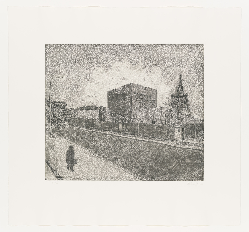 A black and white etching depicting an urban scene with a solitary figure walking along a path, large buildings in the background, and a swirling pattern in the sky reminiscent of Van Gogh's "Starry Night."
