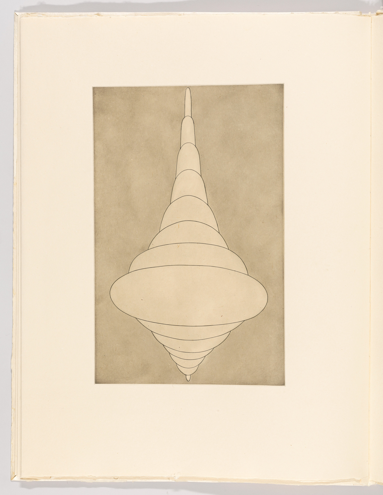A vintage illustration of a conical structure with concentric circles, resembling a tornado or a drill bit, centered on a beige background and mounted on a white page with rough edges.