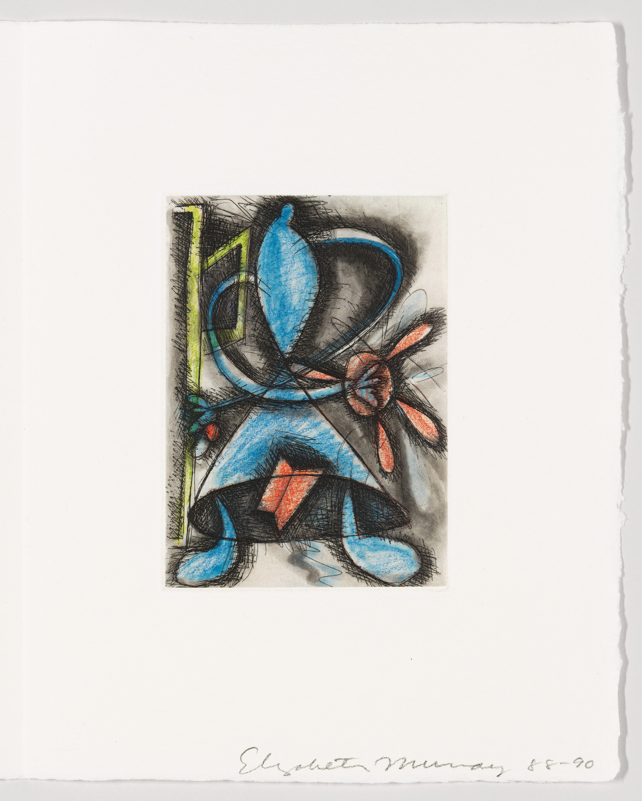 An abstract artwork featuring a combination of curved and angular shapes in blue, black, and orange, with pencil shading and highlights. The piece is centered on a white paper with rough edges, and there is a signature with a date at the bottom.