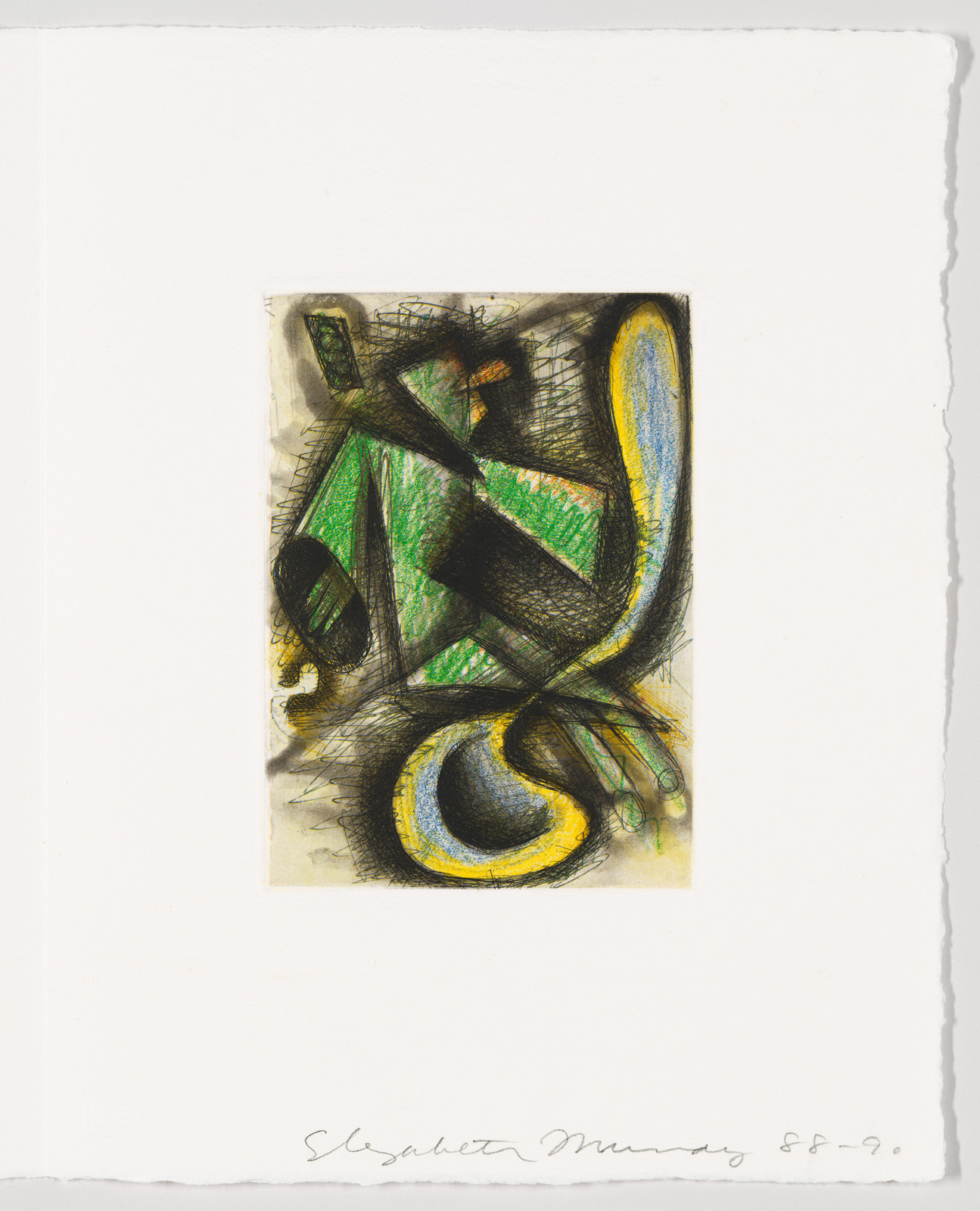 An abstract artwork featuring a blend of black, green, and yellow shapes with blue accents, overlaid with energetic black scribbles, centered on a white paper with the artist's signature at the bottom right.