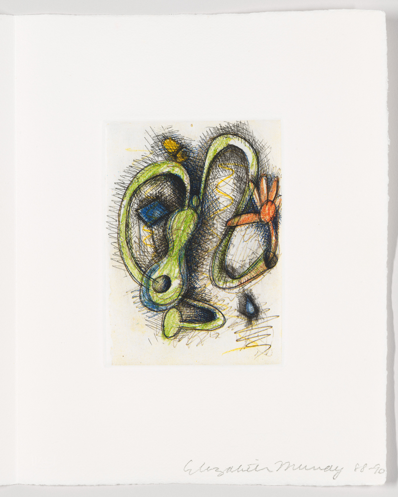 An abstract etching with vibrant colors, predominantly green and blue, featuring fluid shapes and lines that suggest a whimsical, dream-like composition. The artwork is signed and dated at the bottom.