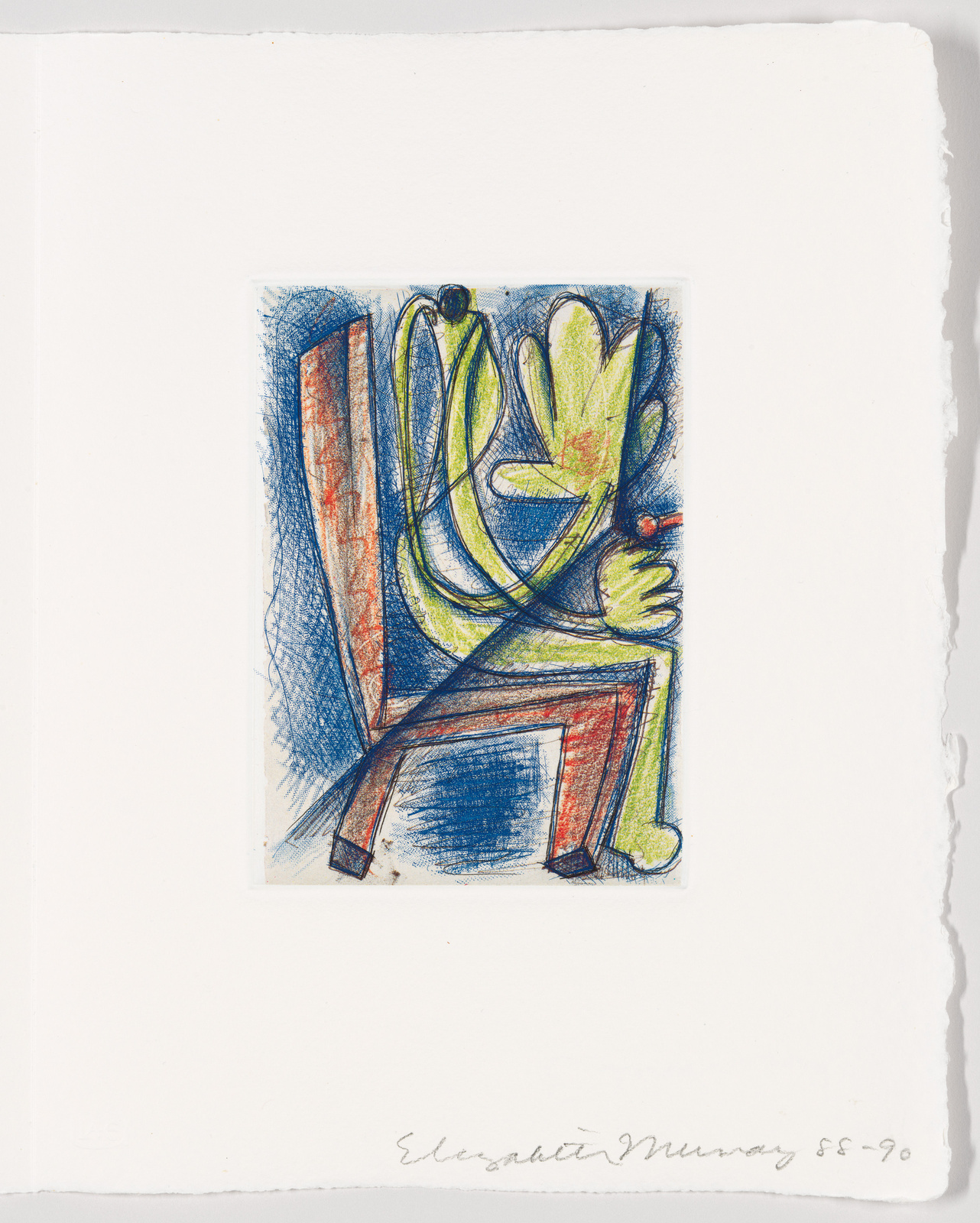 A colorful abstract drawing with blue, red, and yellow hues, featuring curvilinear shapes and lines on a textured paper. The artist's signature and the date '85-90' are inscribed at the bottom.