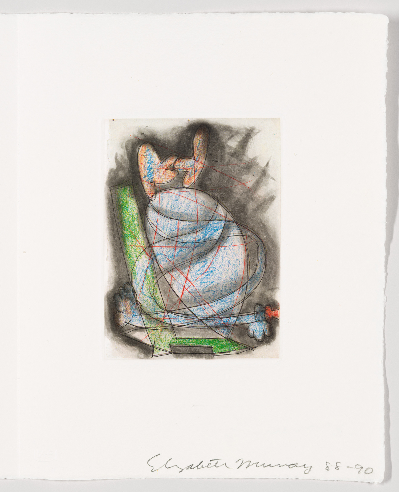 A sketch of an abstract figure with prominent blue and orange colors, overlaid with red and green lines, signed and dated at the bottom. The artwork is mounted on a white background.