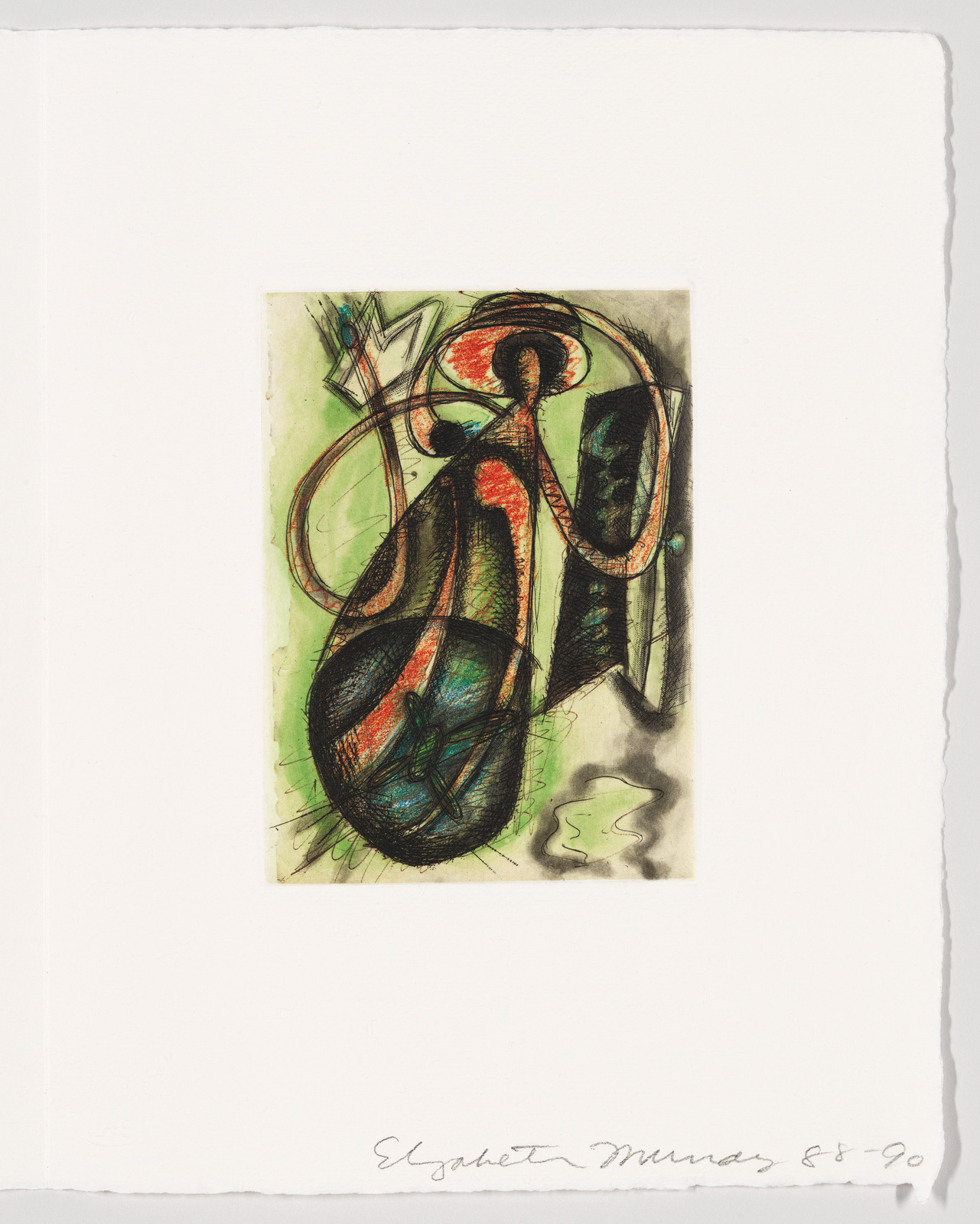 A colorful abstract artwork featuring a central figure with a prominent round shape and elongated features, set against a greenish background with sketchy lines and shapes. The figure appears to be holding or interacting with abstract elements. The image includes a signature and date at the bottom right corner.