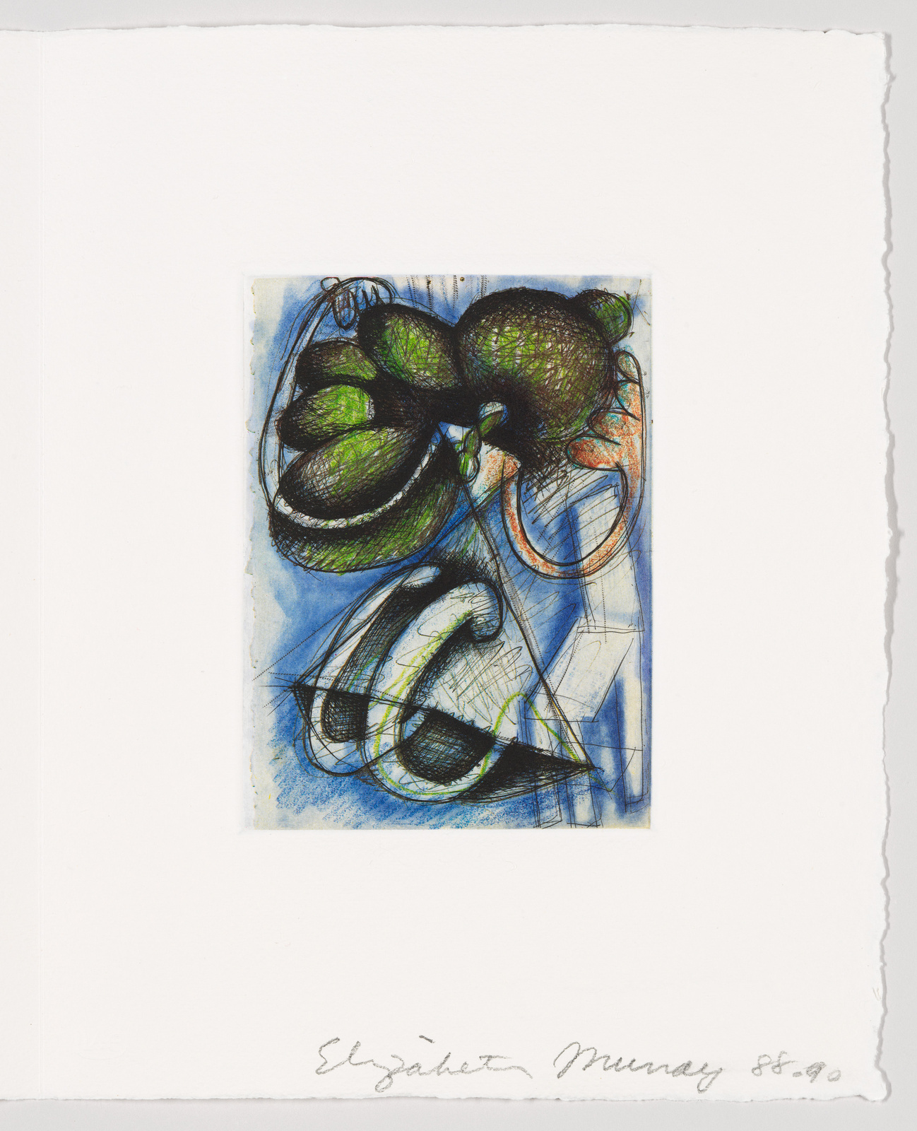 An abstract artwork featuring a blend of curved and angular lines in black with green shading, set against a blue background with orange accents. The piece is centered on a white paper with rough edges, and there is a signature at the bottom that reads "Elizabeth Murray 85.90."