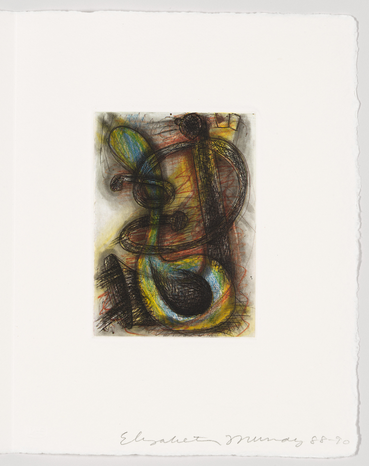 An abstract artwork featuring a blend of curved and straight lines in black with hints of blue and yellow colors on a beige background, mounted on a white paper with rough edges. The artist's signature and the date '8-20' are handwritten in pencil at the bottom.