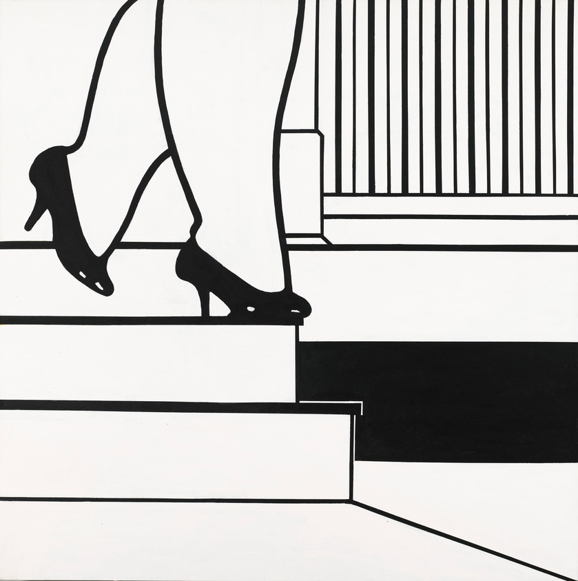 A stylized black and white illustration of a woman's legs descending a staircase, wearing high heels, with a strong contrast between light and shadow, and a railing in the background.