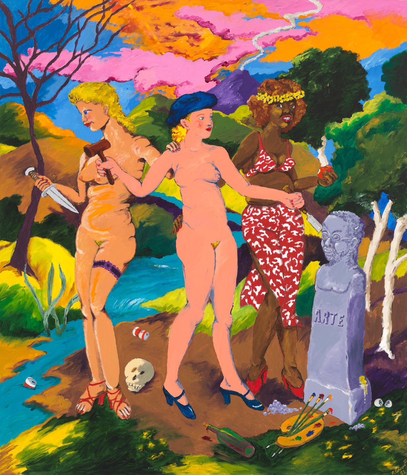 A vibrant painting depicting three women in a colorful, abstract landscape. The woman on the left is blonde and holds a hammer and sickle, the central woman is a redhead with a blue beret, and the woman on the right is brown-skinned with a yellow floral crown, holding a rifle. They are all nude except for their shoes and accessories. A skull lies at their feet, and a statue with the word "ARTE" is on the right, with paintbrushes scattered around its base. The background features a vivid sunset with pink and orange clouds.
