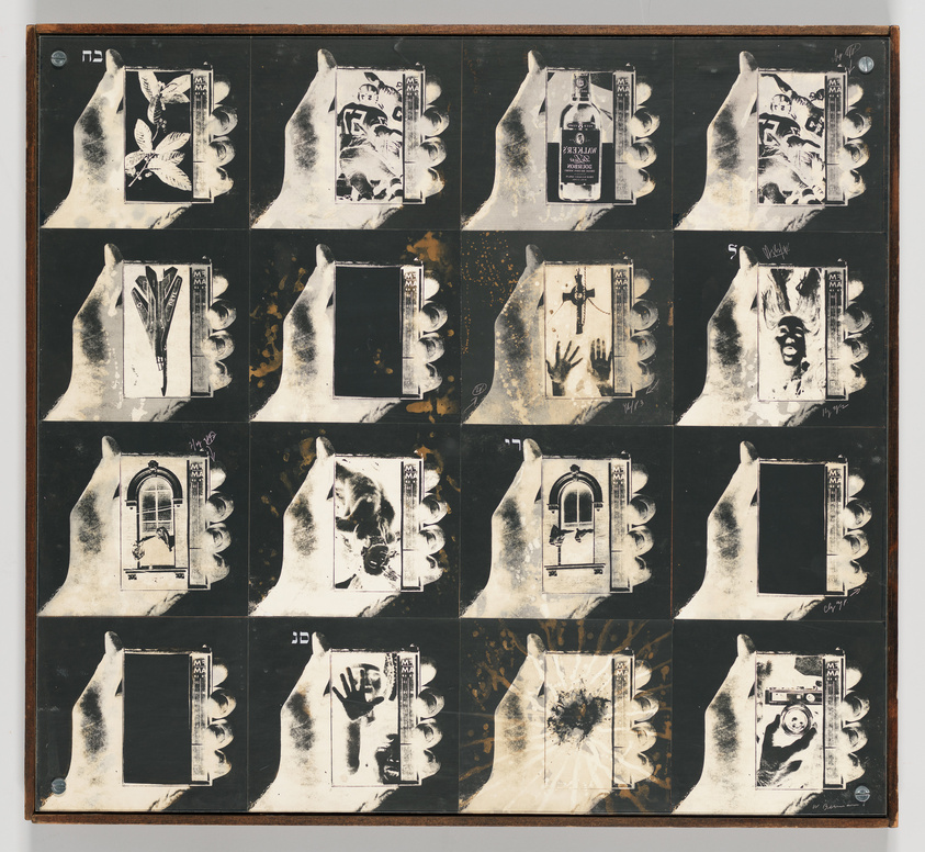 A collage of black and white photograms with various objects and hand silhouettes on a grid background.
