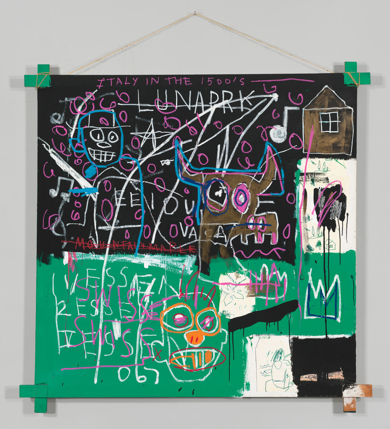 A vibrant and chaotic artwork featuring a mix of graffiti-like scribbles, drawings, and text in various colors on a black background. The piece includes a stick figure, a house, and a cartoonish face with prominent eyes and teeth, with phrases such as "ITALY IN THE 1500's" and "LUNAPARK" visible among the doodles. The artwork is displayed hanging from a wooden dowel with green tape at the top corners and a small wooden block at the bottom right.