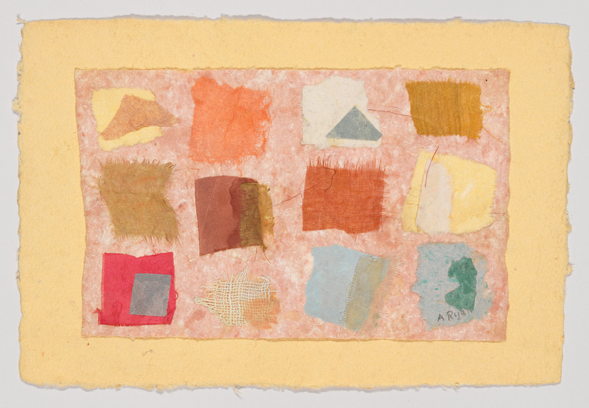 A textured collage with various pieces of fabric in different colors and shapes, such as red, orange, blue, and green, arranged on a pinkish handmade paper with a yellow border. Some fabric pieces have frayed edges and stitching details, and there's a signature on the bottom right.